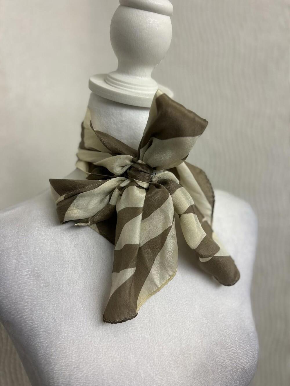 Kayser 100% Silk Scarf Brown Tan Cream Stripe Square Preppy Quiet Luxury Fall